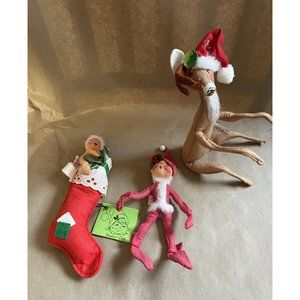 Vtge Annalee Christmas Dolls Lot of 3  Elf , Sitting Reindeer, baby in  Stocking
